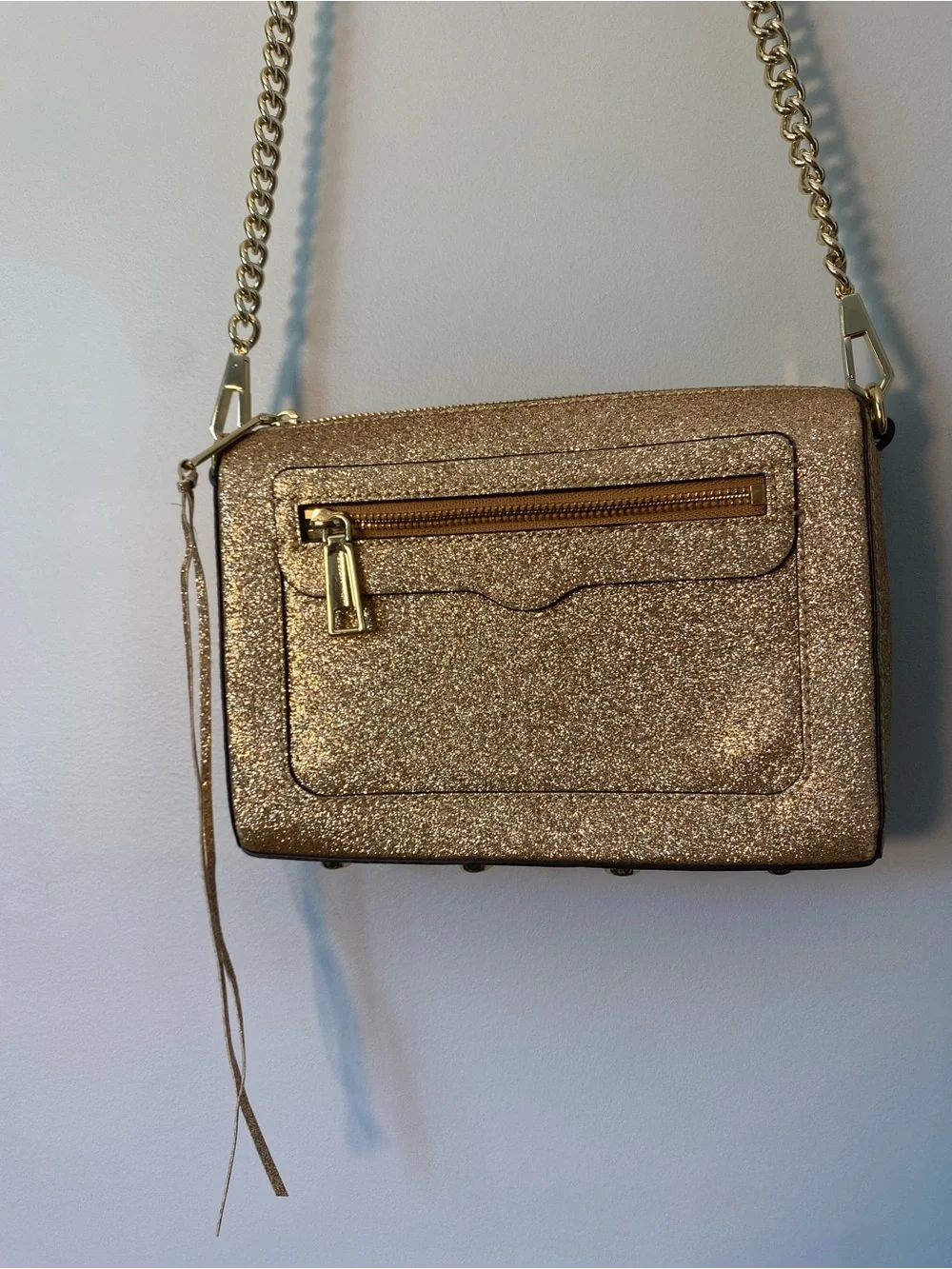 REBECCA MINKOFF LEATHER GLITTER AVERY CROSSBODY ROSE GOLD
